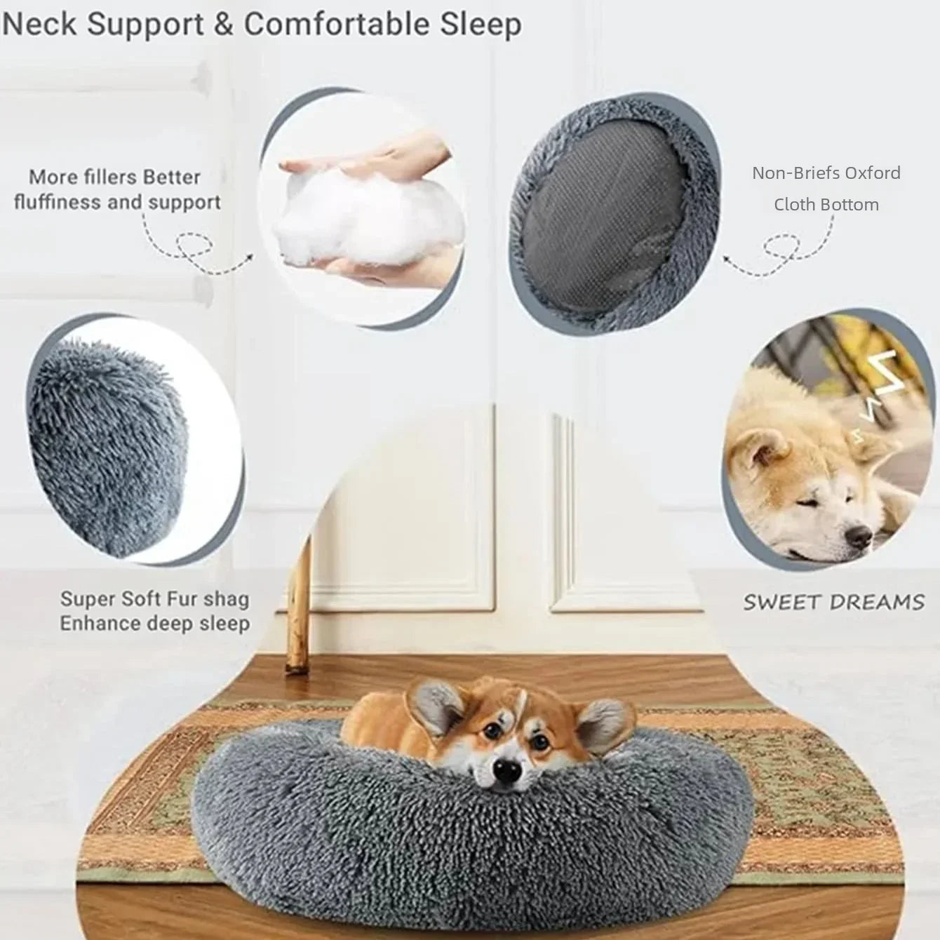 Round Pet Bed for Large Dogs & Cats – 40–90cm Super Soft Plush Donut Bed – Winter Warm Sleeping Nest for Medium & Large Dogs